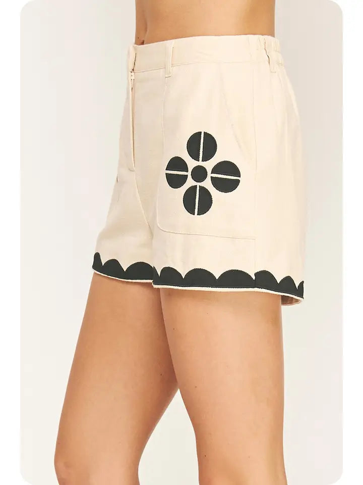 Ecru/black Contrast Embroidery Shorts