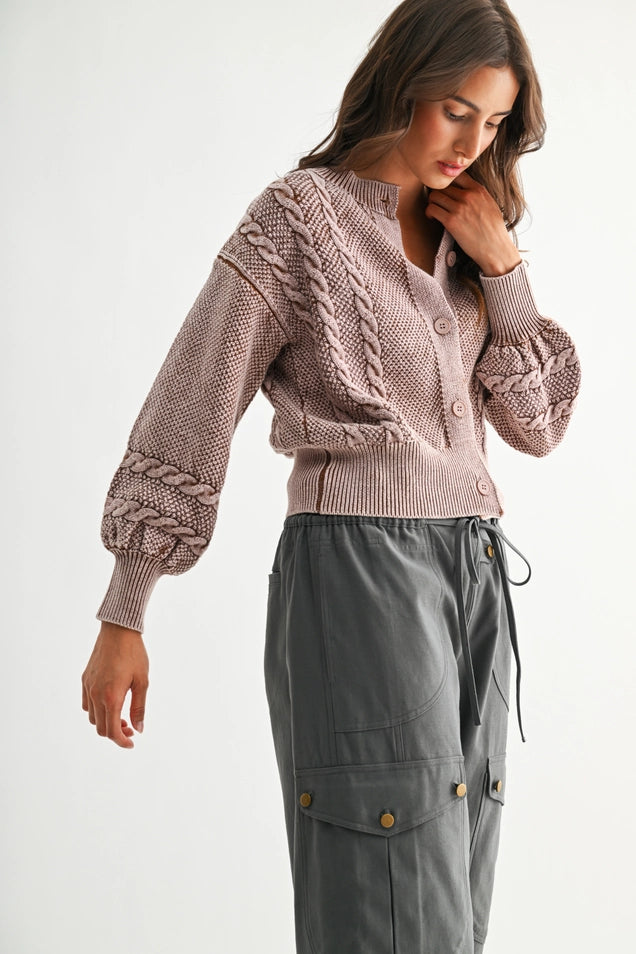 Washed Brown Cable Knit Cardigan