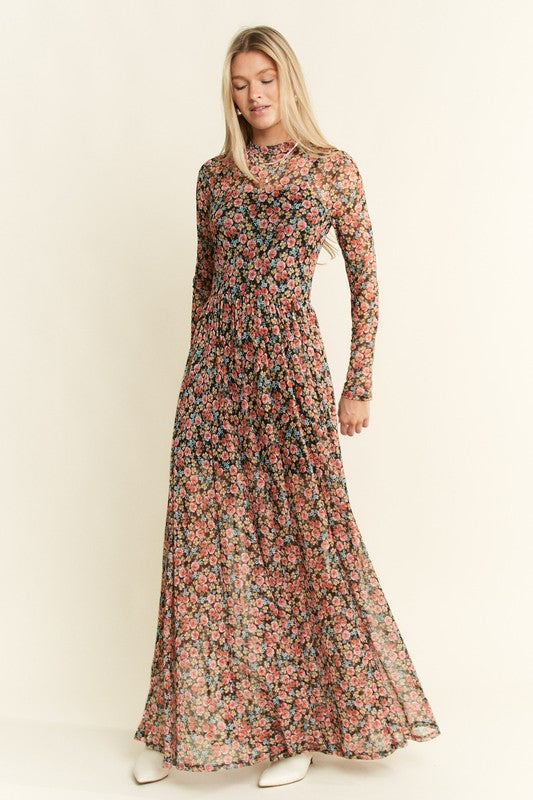 Floral Print Black Maxi Dress