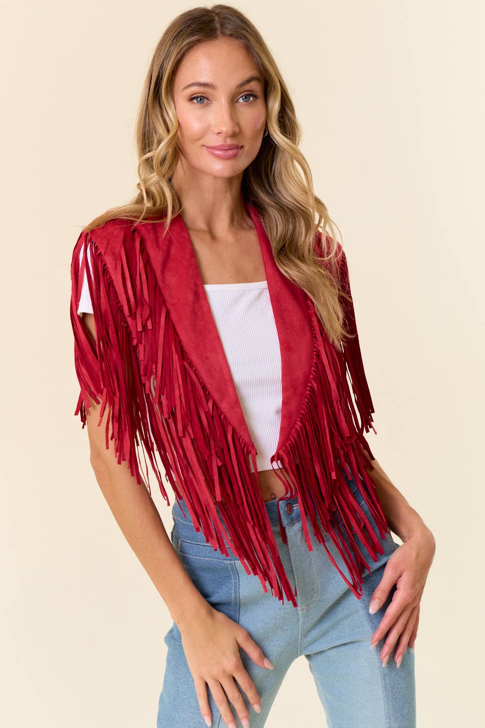 Red Western Fringe Suede Collar Shrug