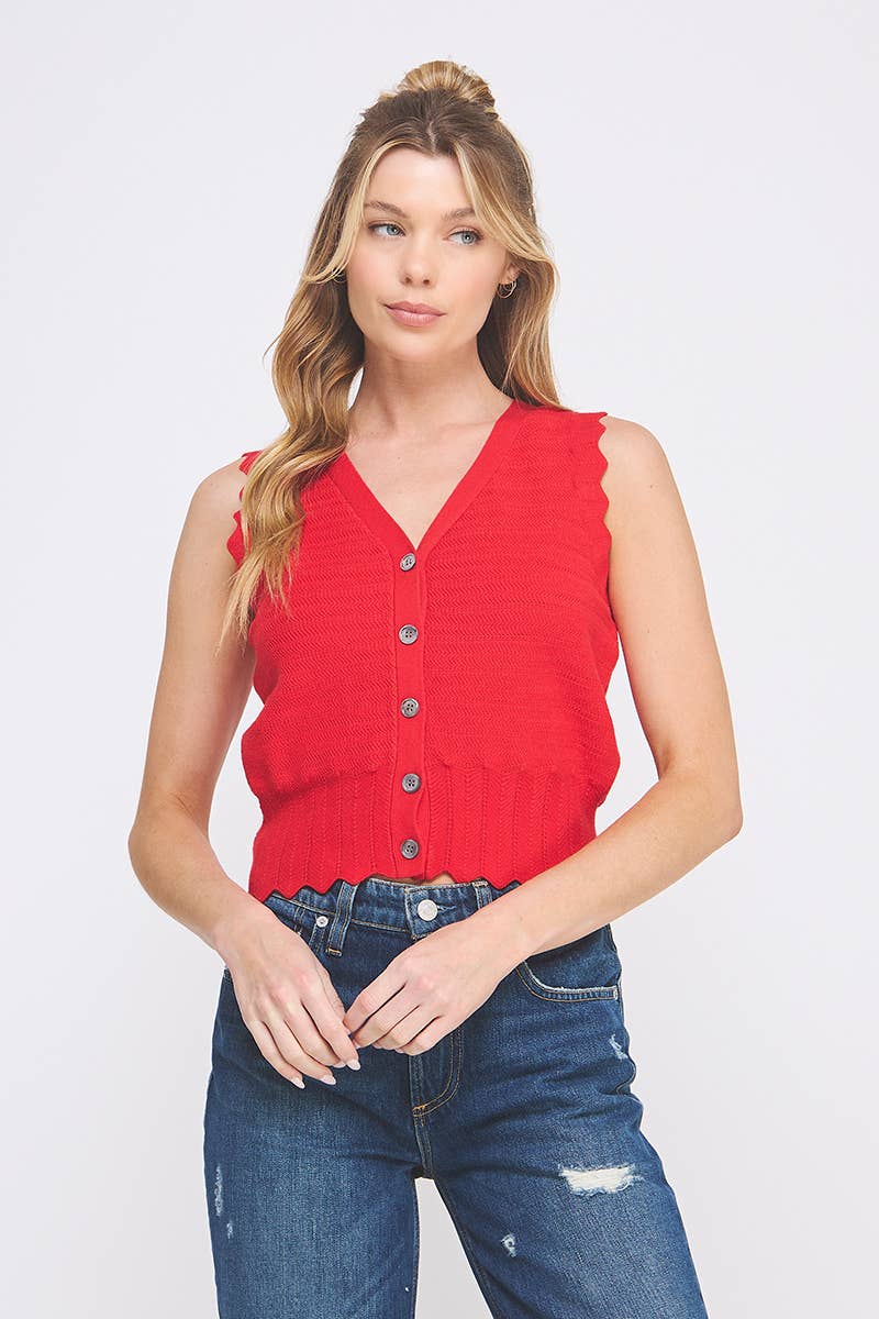 Pointelle Knit Button Up: Red