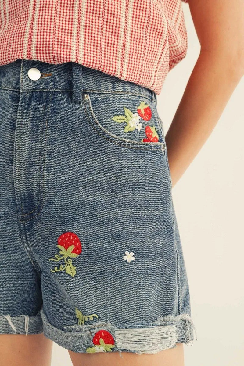 Strawberry Embroidered Denim Shorts