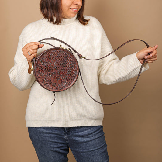 Woven Petals Hand-tooled Leather Round Crossbody