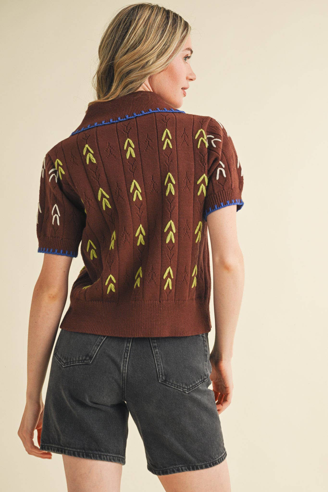 Brown Hand Embroidered Short Sleeve Button Down Sweater