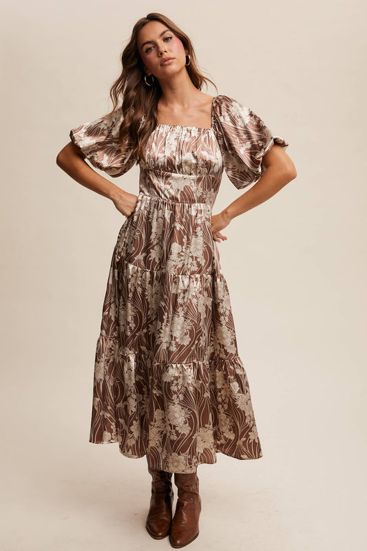 Floral Satin Puff Sleeve Midi Dress: Mocha