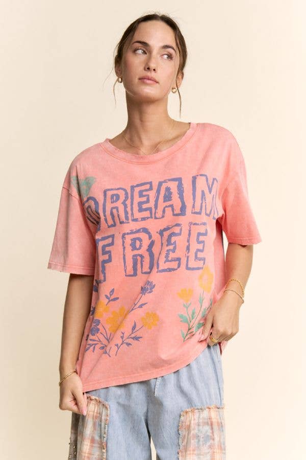 DREAM FREE FLORAL GRAPHIC MINERAL WASH TOP: Charcoal - L