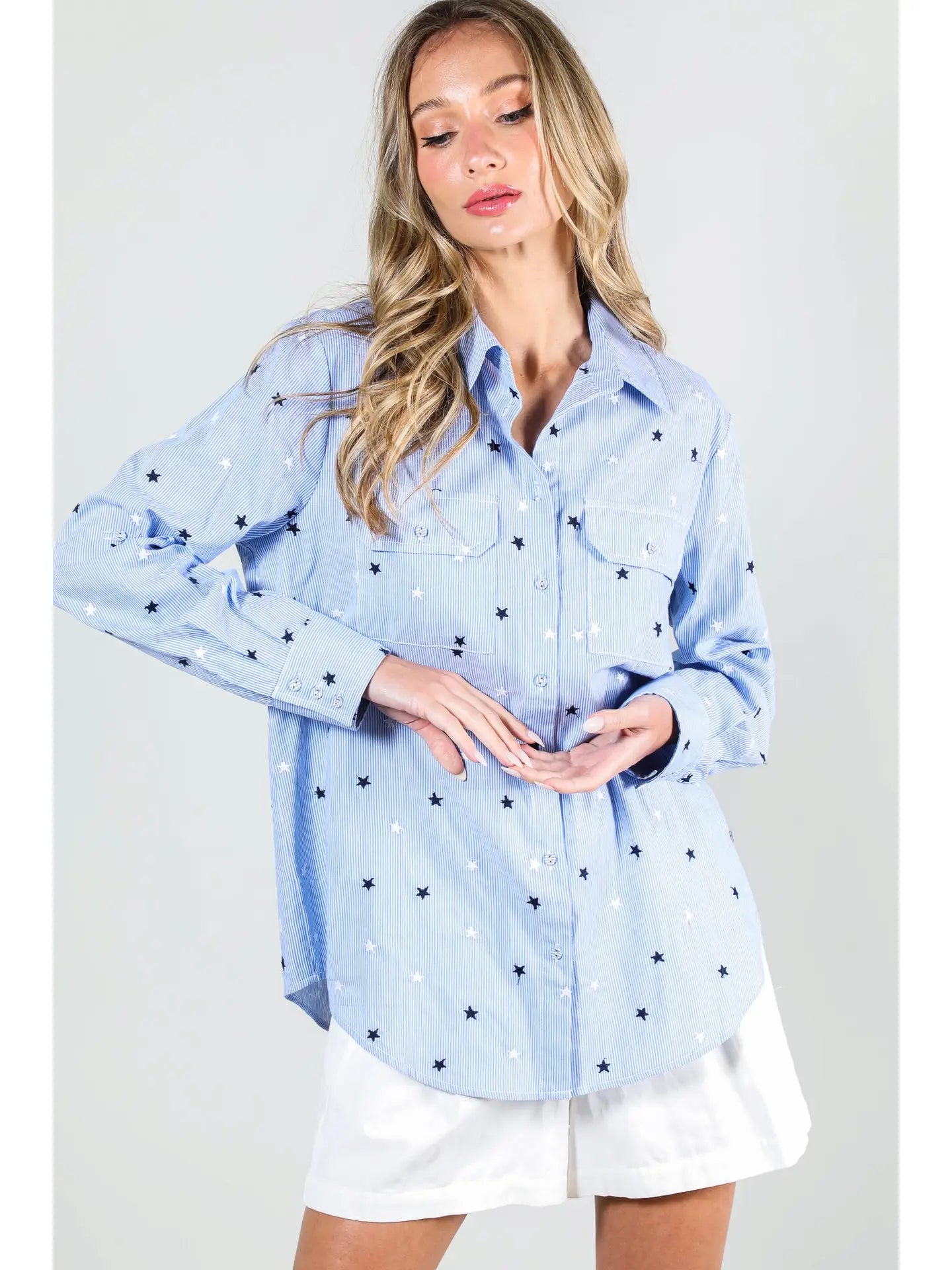 Star Embroidery Stripe Collared Button Up Top