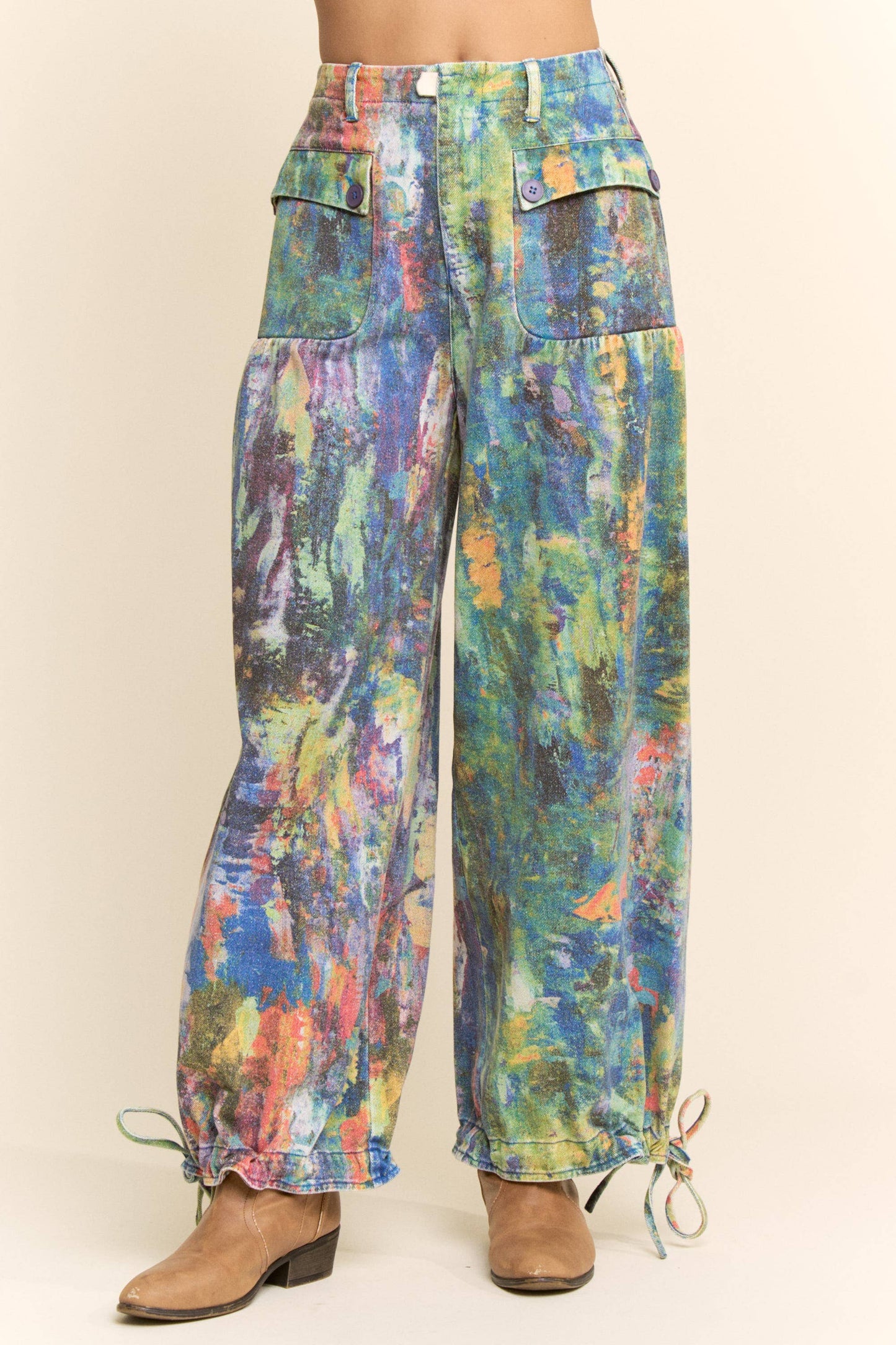 Lime Green and Cobalt Paint Printed Denim Pants