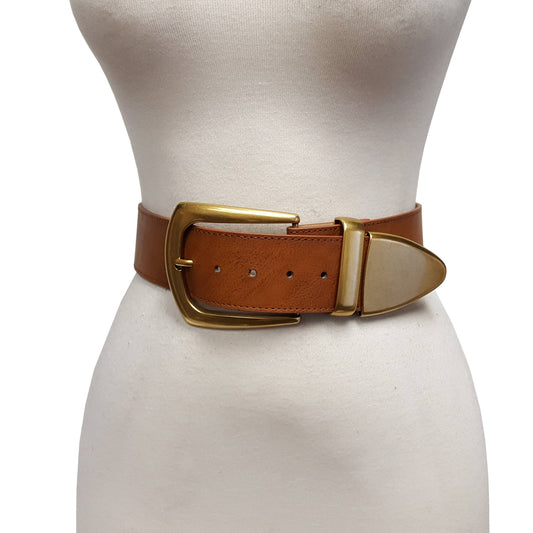 Wide width belt with Western Statement Buckle Loop Tip: Tan