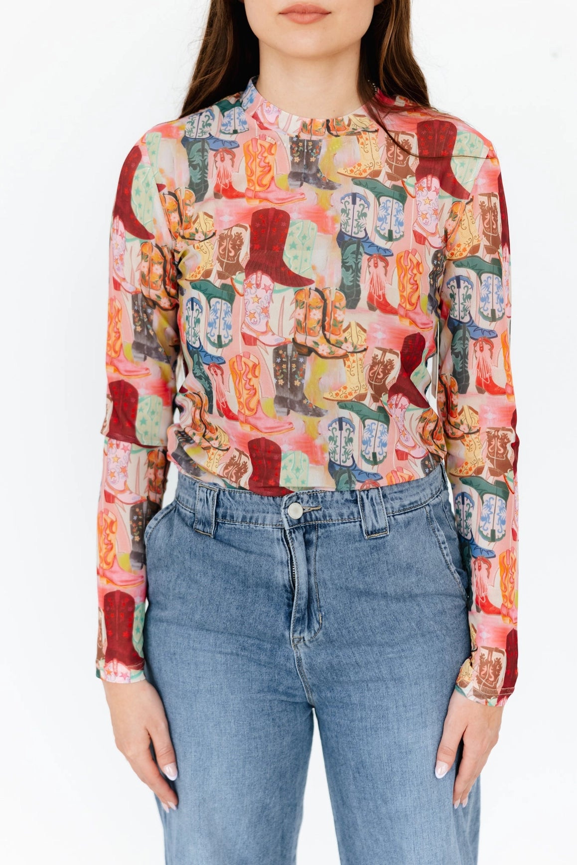 Boot Scootin’ Cowboy Boot Print Mesh Top