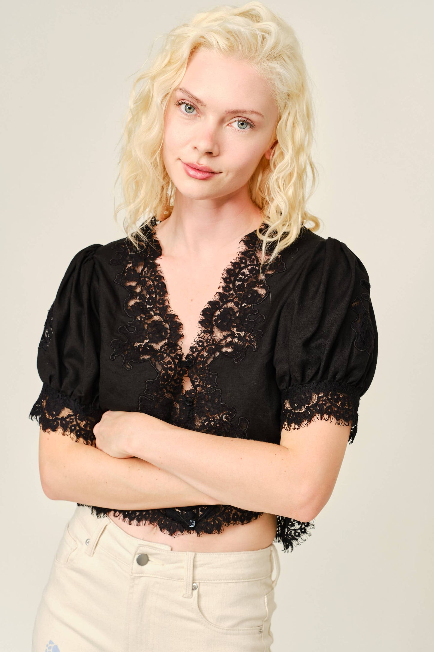 Lace Trim Puff Sleeve Button Blouse
