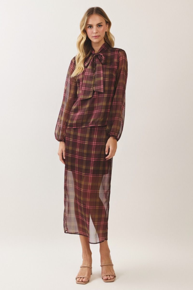 After Hours Sheer Plaid Midi Skirt (part of a set)