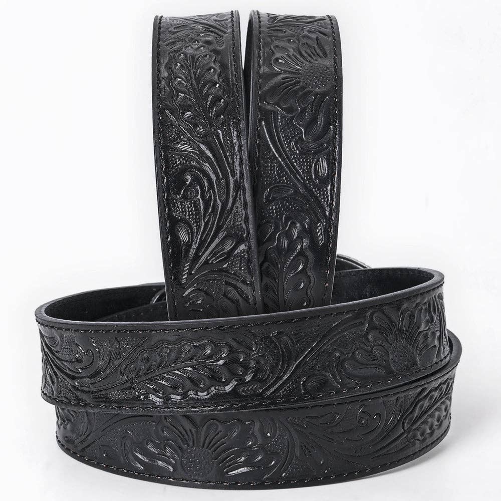 Hand-Tooled  - Black Floral Western Leather Belt with Oval Buckle