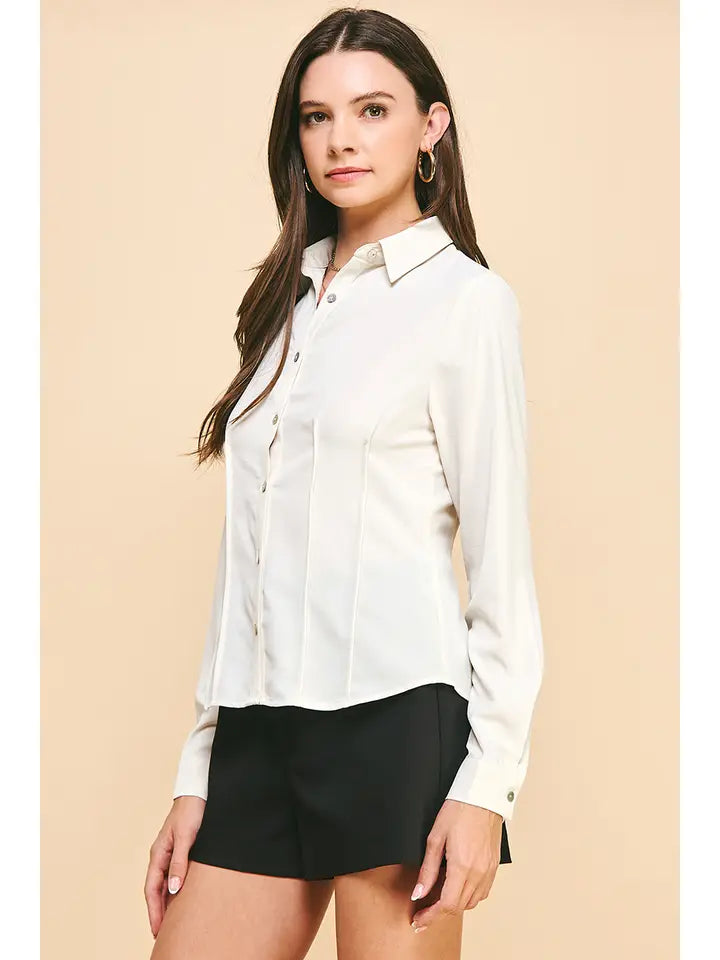 Pintuck Beige Button Down Shirt