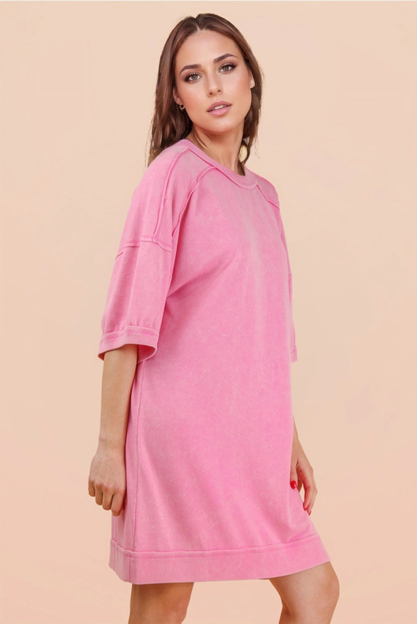 Pink Mineral Washed French Terry Knit Casual Mini Dress