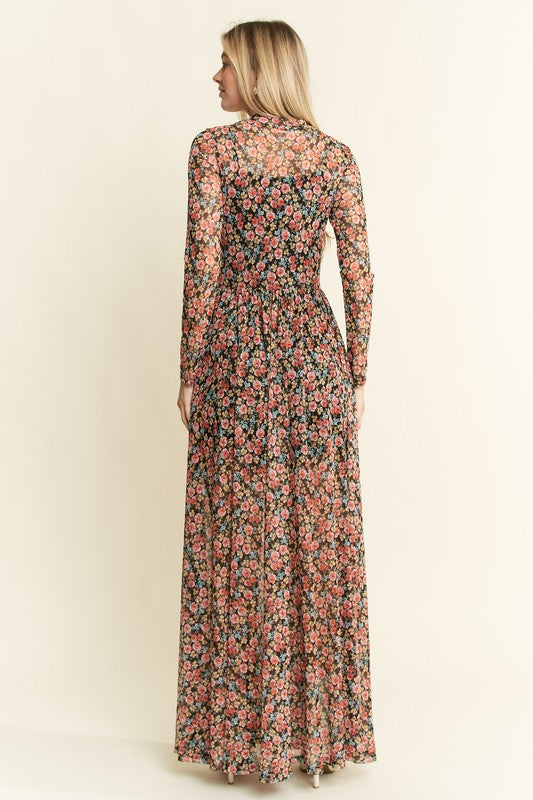 Floral Print Black Maxi Dress