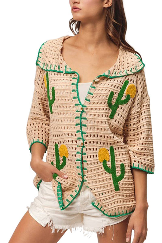Edge Stitch Cactus Sweater Cardigan Top