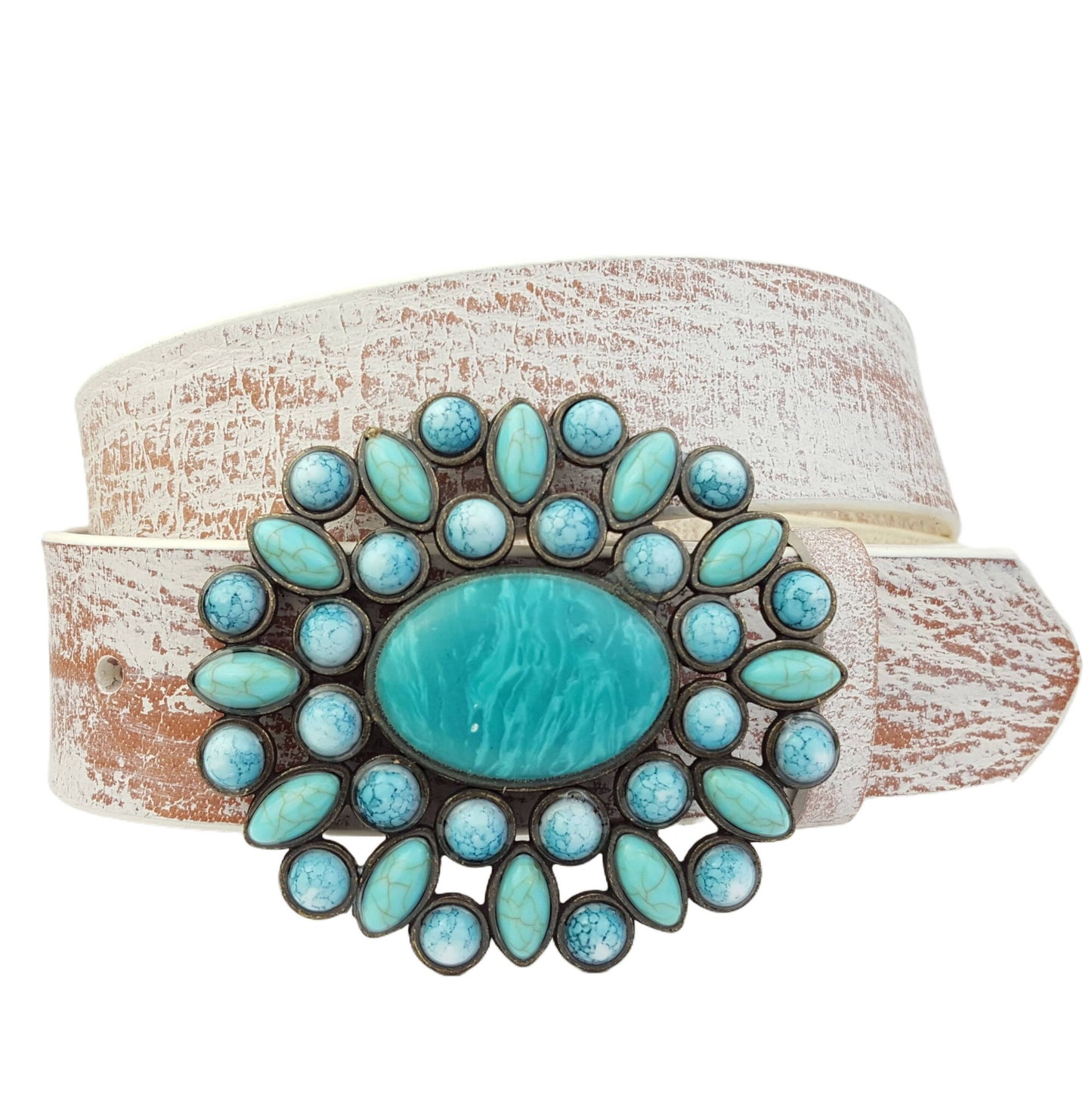 Genuine leather belt w. Western Turquoise Floral Buckle: Black