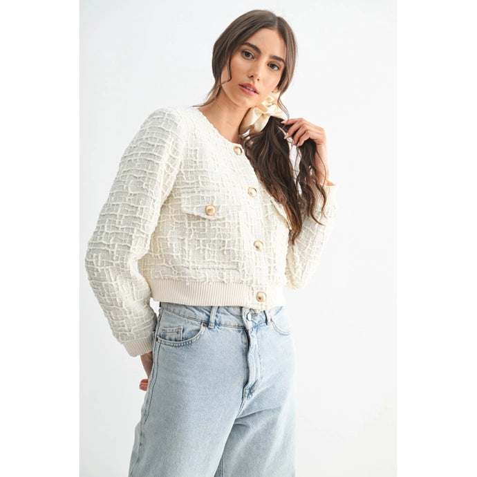 Ivory Elegant Textured Knit Wool Jacket