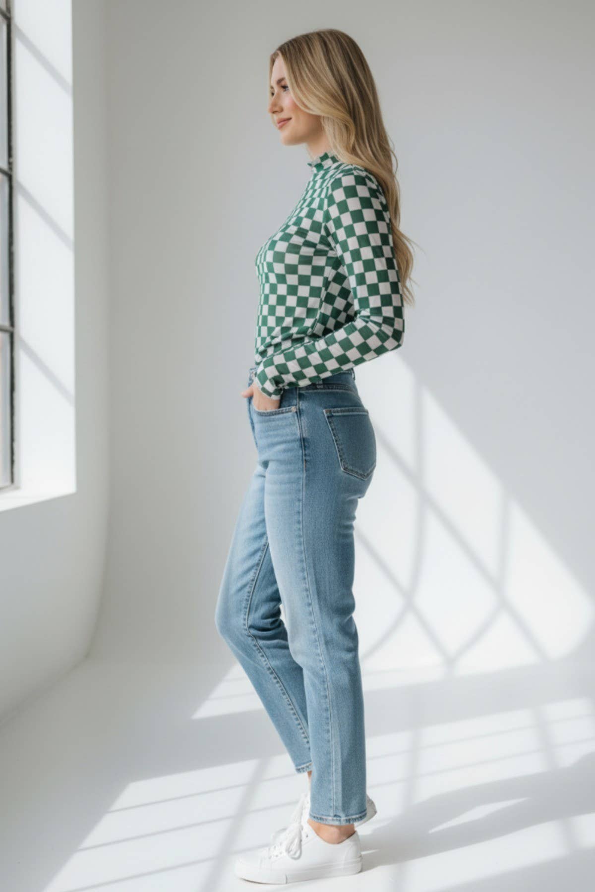 Green Checkered Mesh Mock Neck Top