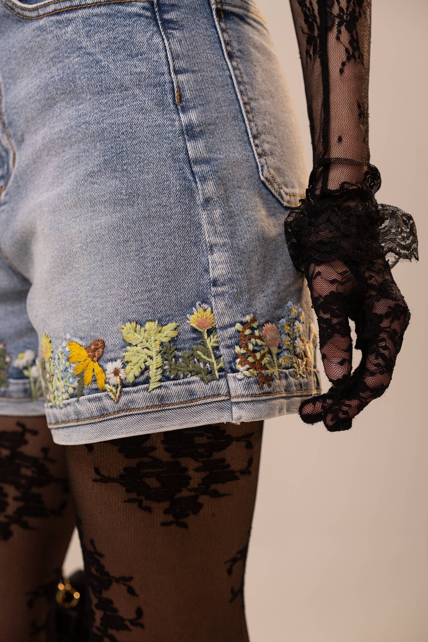 High Rise Cuffed Floral Embroidered Denim Shorts