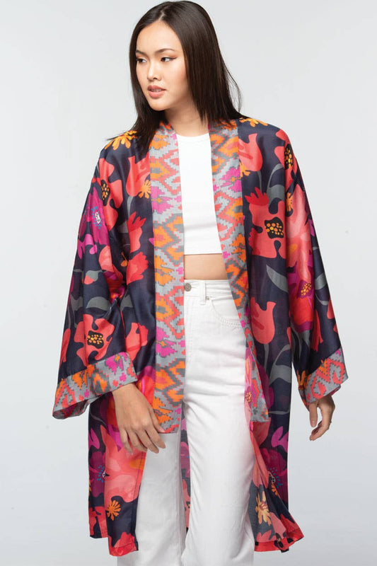 Malini Cupro Kimonos: Navy Multi Floral