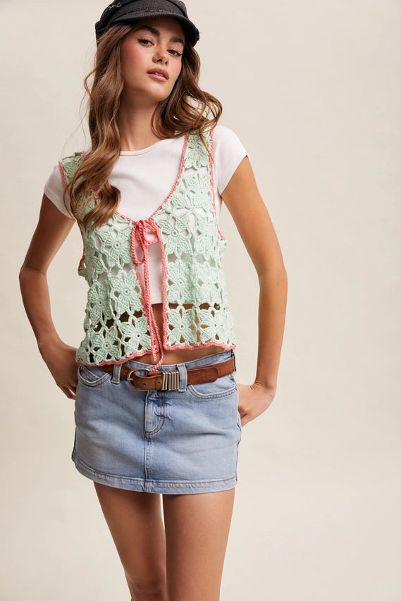 Spearmint Crochet Flower Tie-Front Vest
