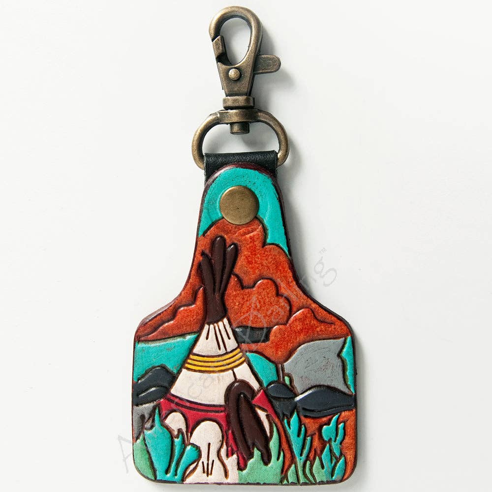 Hand-Tooled Leather Tipi Keyring with Desert Landscape   Western Southwest Style