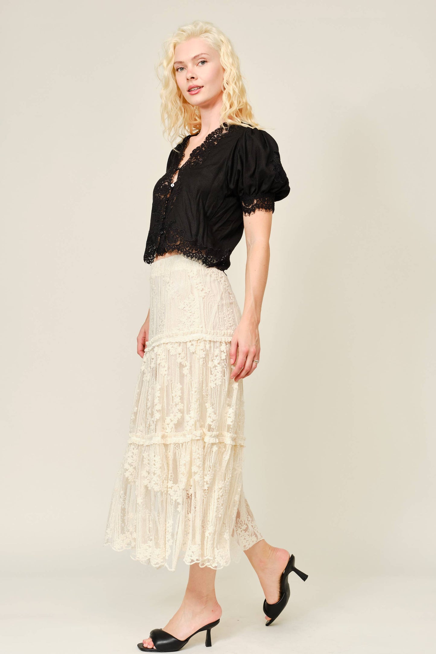 Lace Trim Puff Sleeve Button Blouse