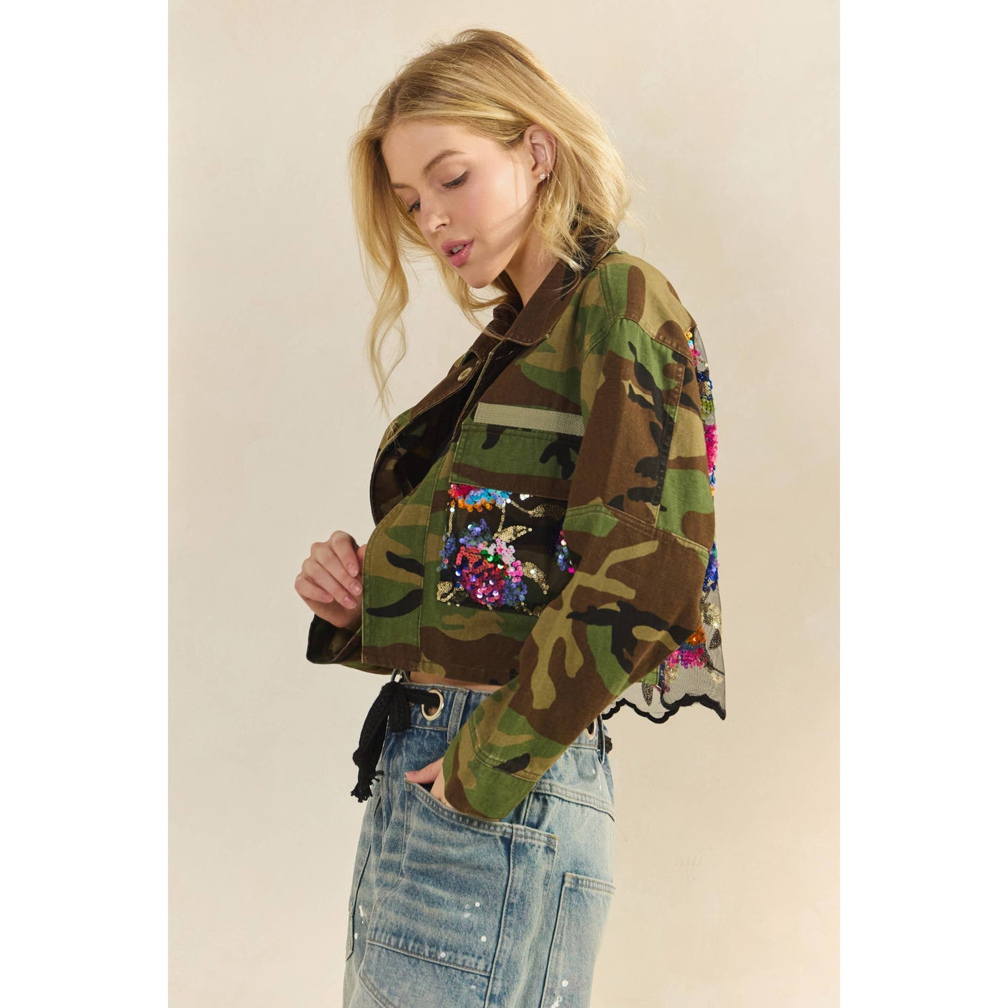 Camo Contrast Jacket: Camo Sequin