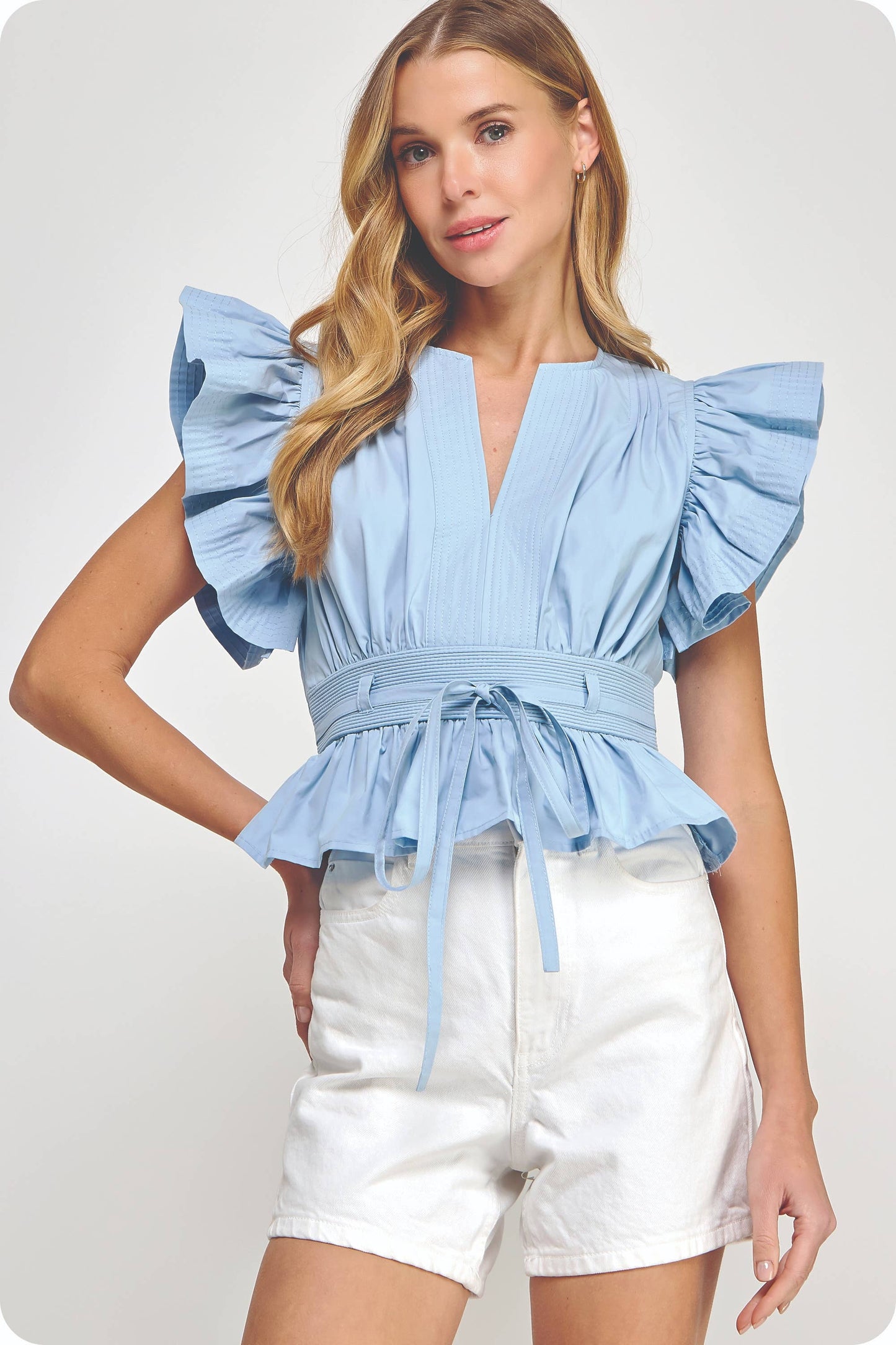 Flutter Sleeve Peplum Poplin Top: Red / L