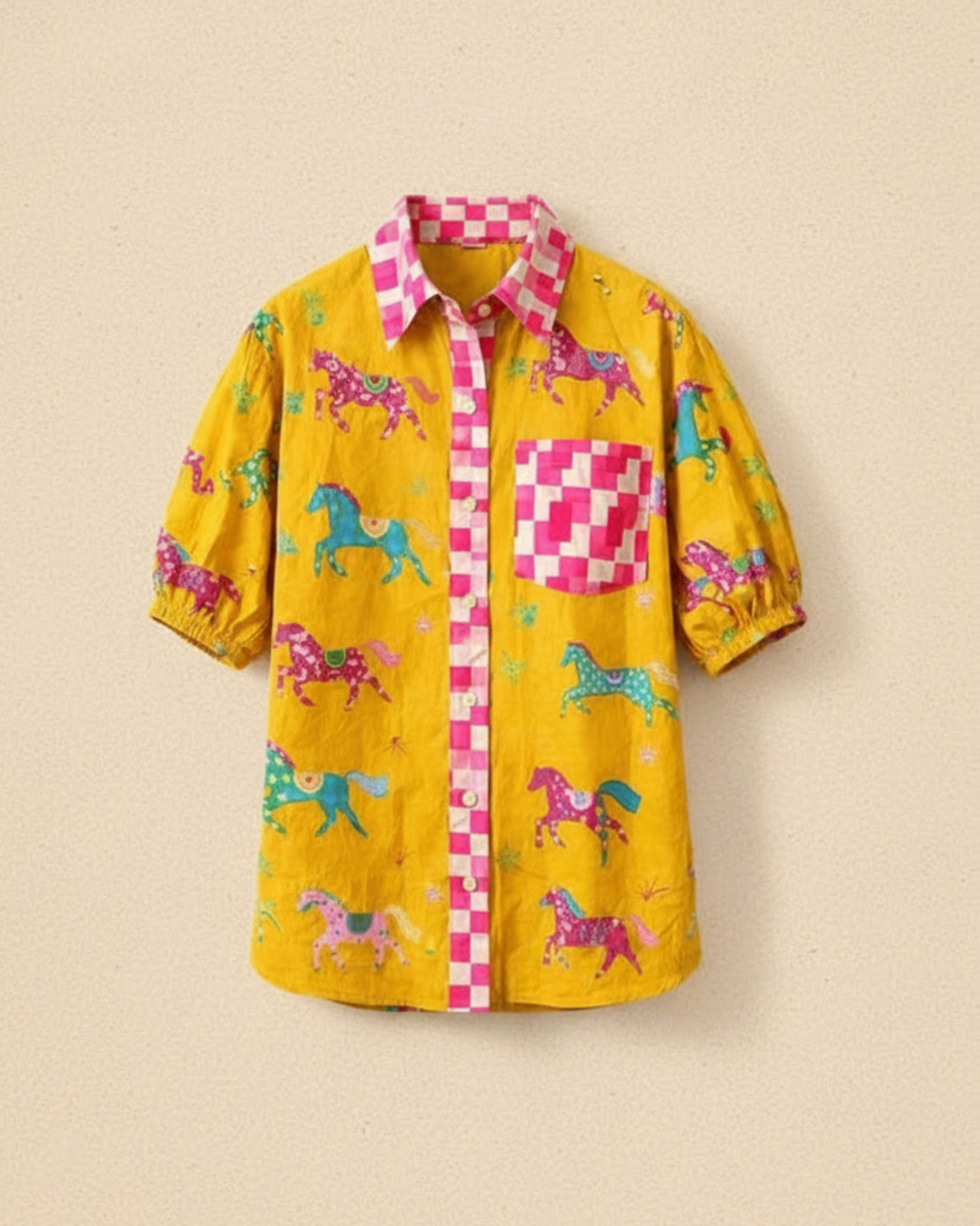 Yellow and Pink Pony Club Shirt – Puff Sleeve
