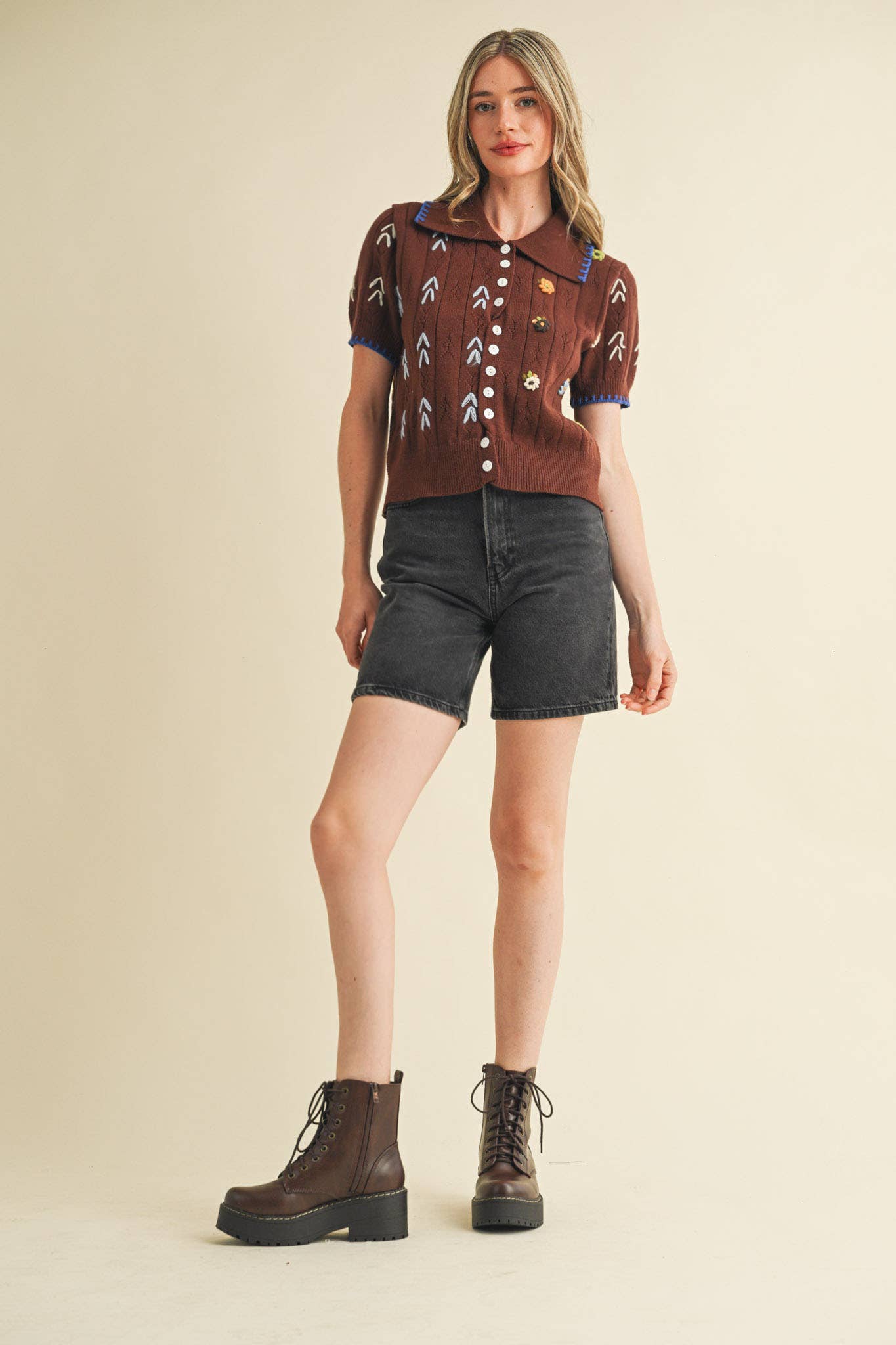 Brown Hand Embroidered Short Sleeve Button Down Sweater