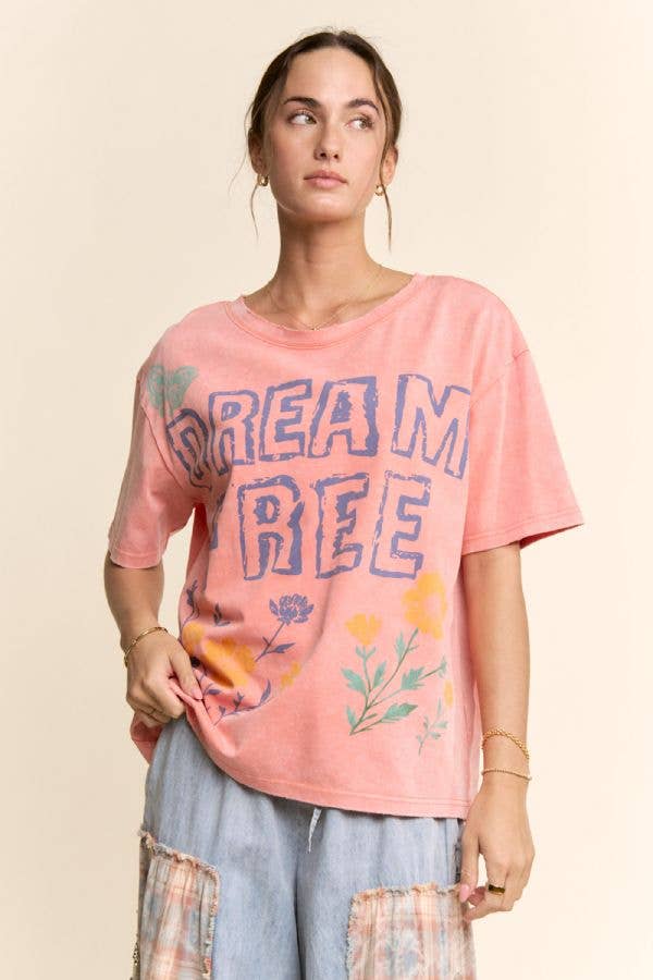 DREAM FREE FLORAL GRAPHIC MINERAL WASH TOP: Charcoal - L