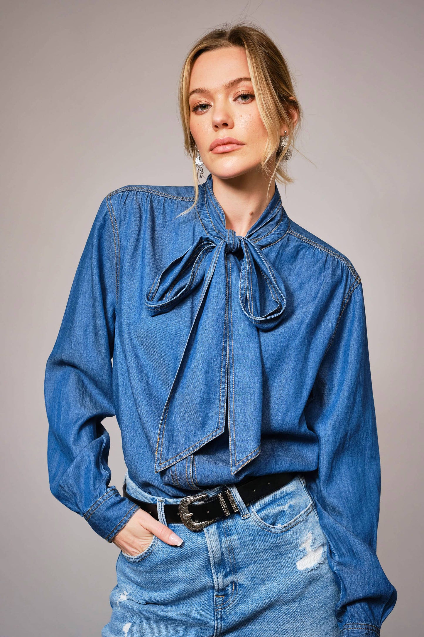 Tie Neck Hidden Button Chambray Blouse