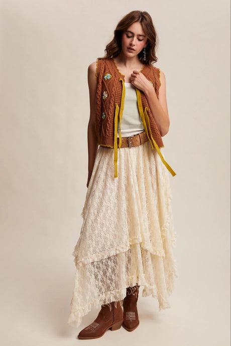 Brown Bow-Tie Floral Knit Vest