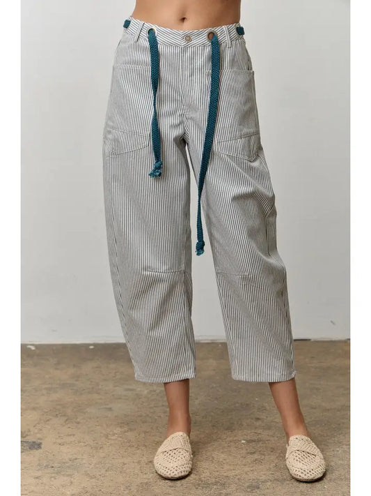 Dusty Blue Striped Barrel Pants