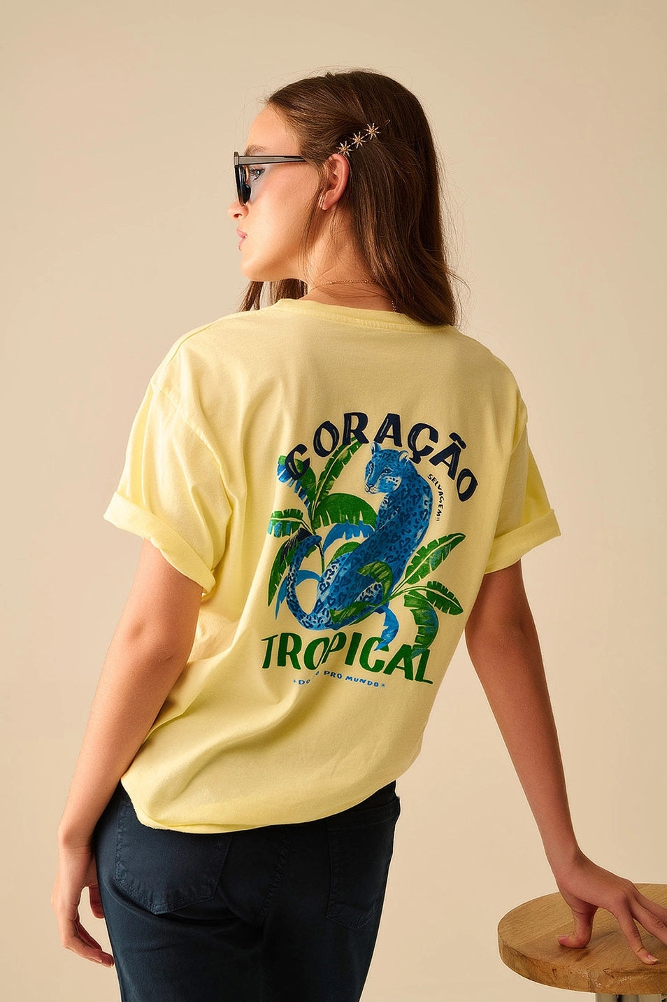 Yellow T-Shirt Made in Italy with Tropical Graphic Print