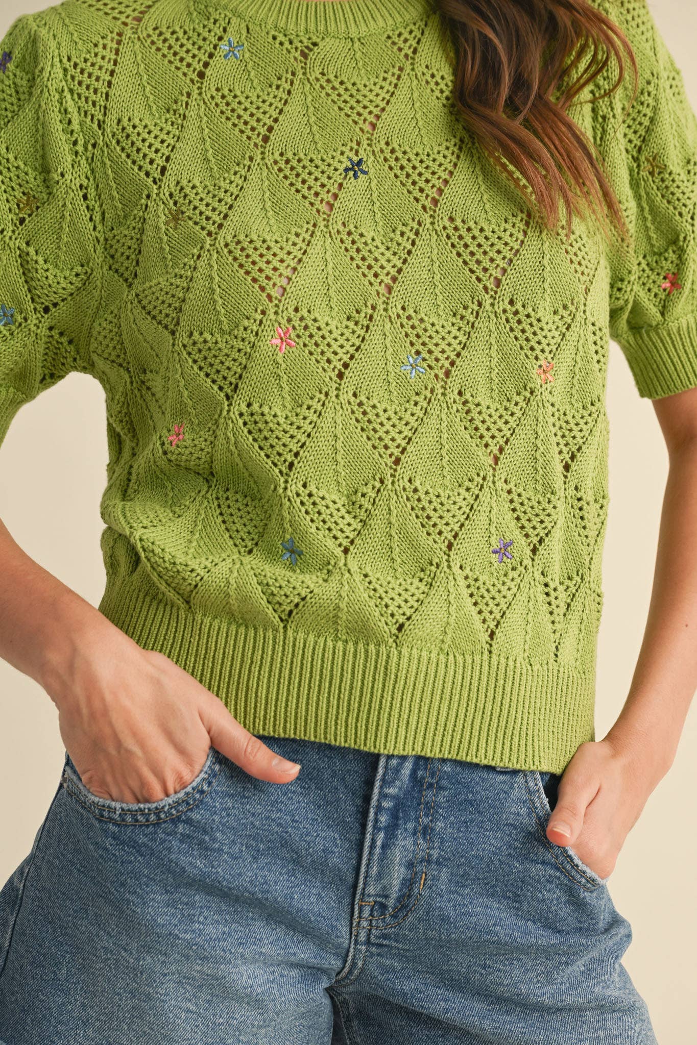 Lime Floral Embroidery  Knit Sweater