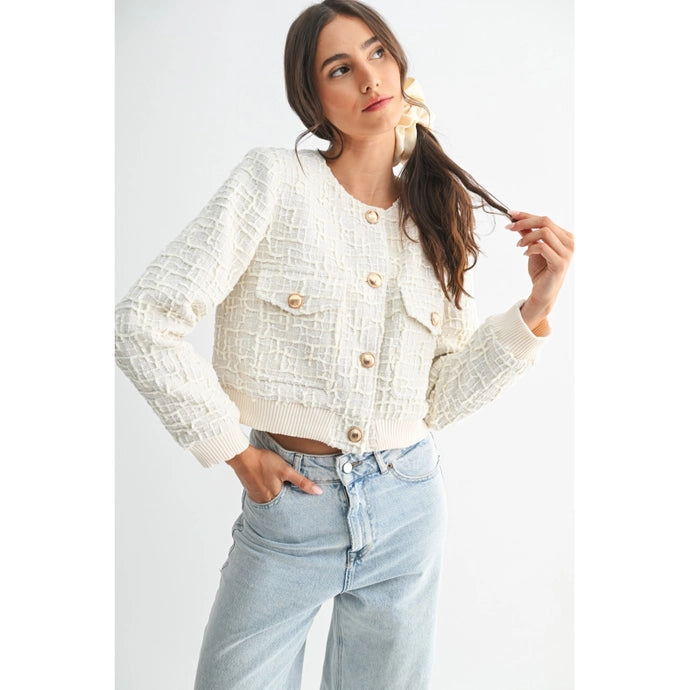 Ivory Elegant Textured Knit Wool Jacket