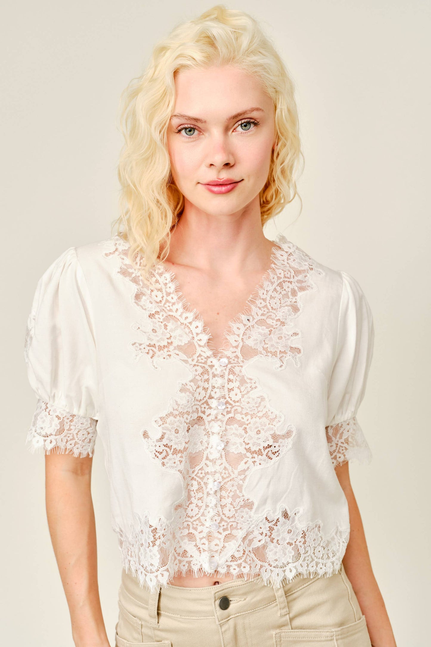 Lace Trim Puff Sleeve Button Blouse