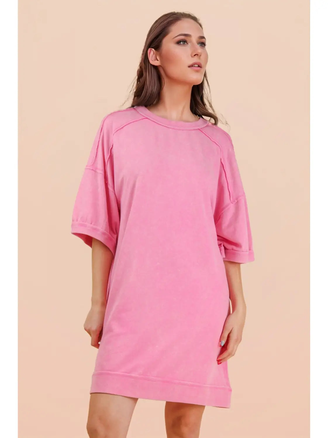 Pink Mineral Washed French Terry Knit Casual Mini Dress