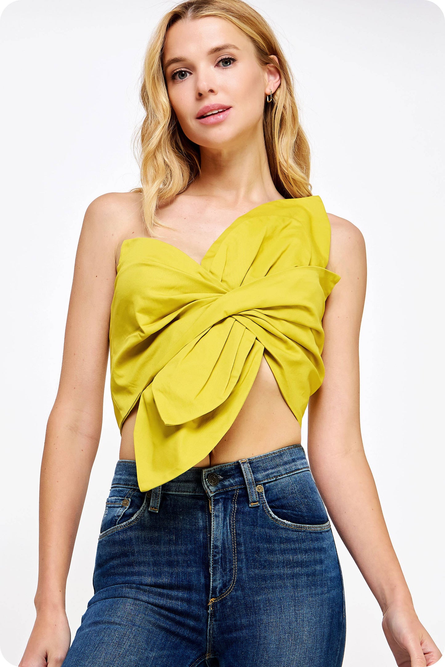 One-Shoulder Knotted Flower Bow Crop Top: Sky Blue / S