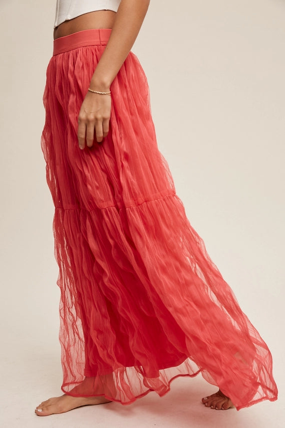 Coral Crinkled Mesh Maxi Skirt