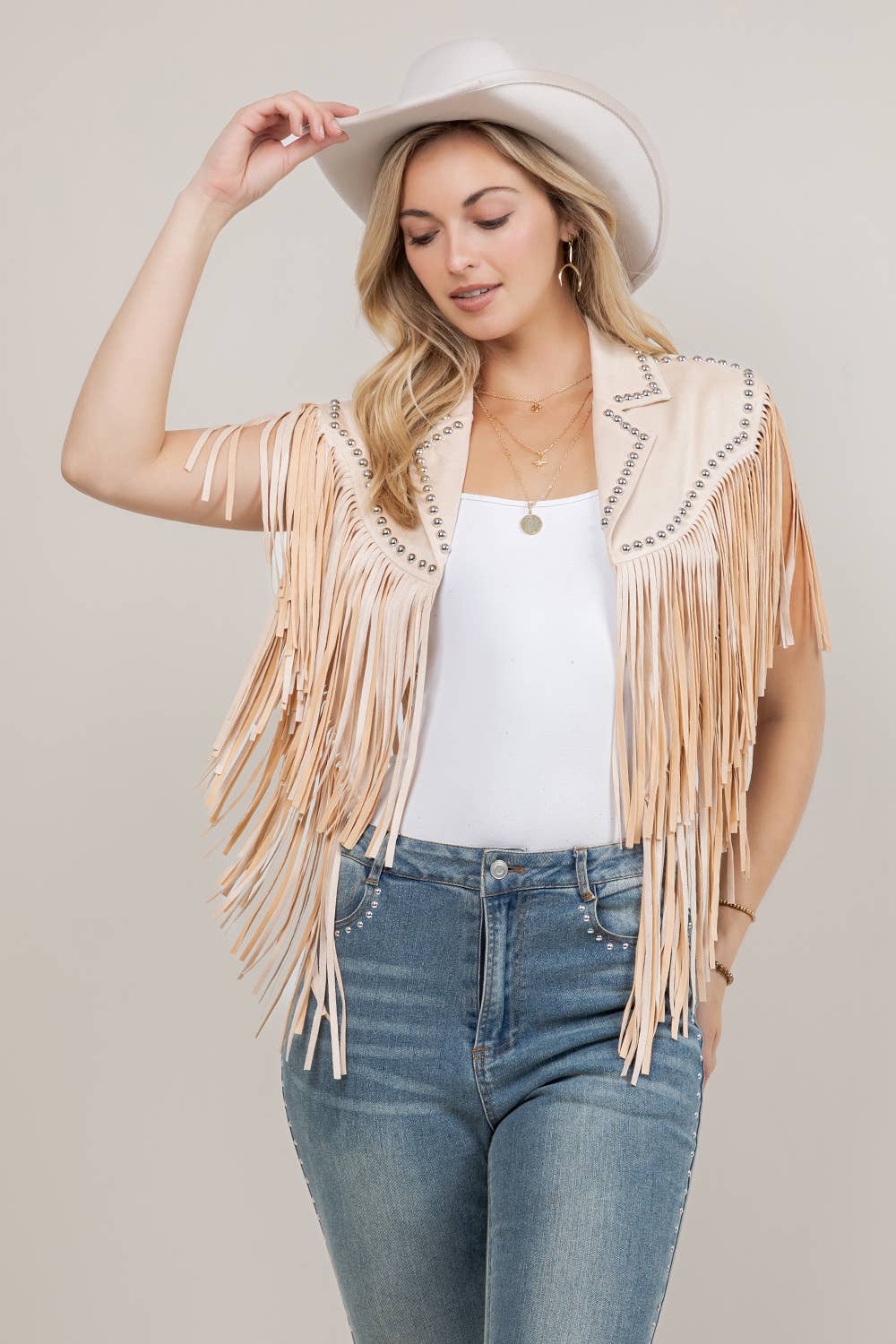 Dark Cream Studded Fringe Shrug