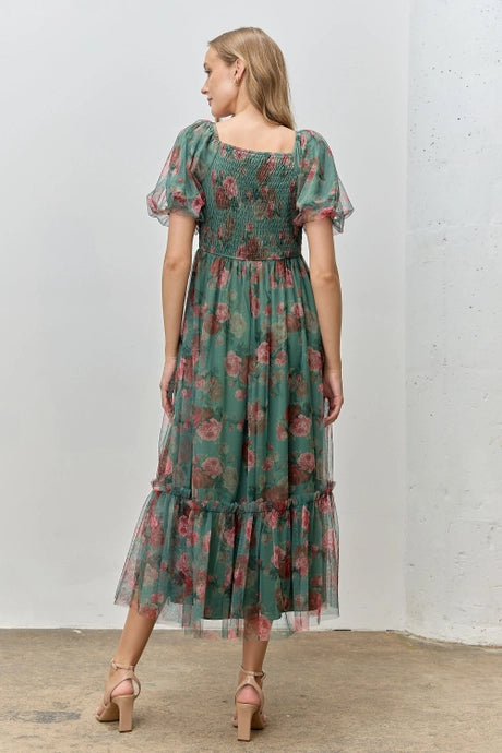 Green Floral Printed Tulle Maxi Dress