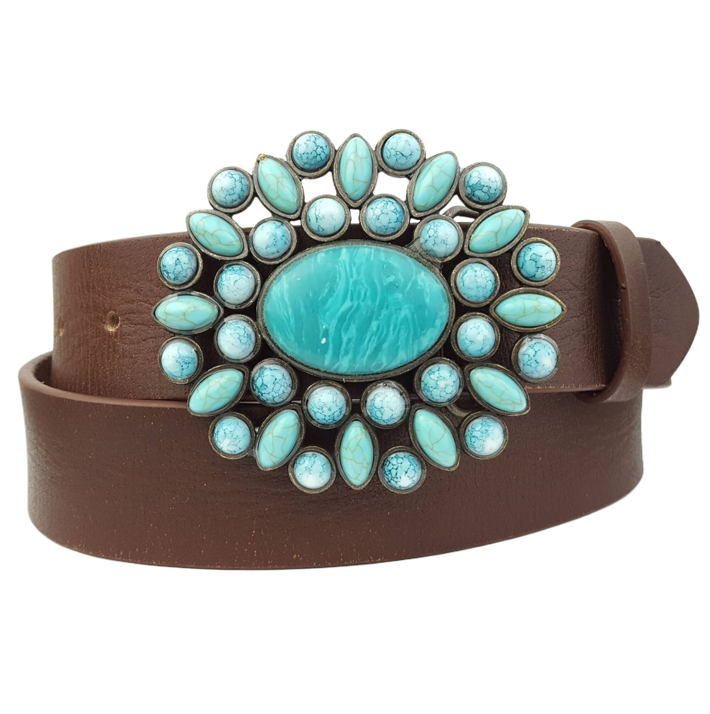 Genuine leather belt w. Western Turquoise Floral Buckle: Black