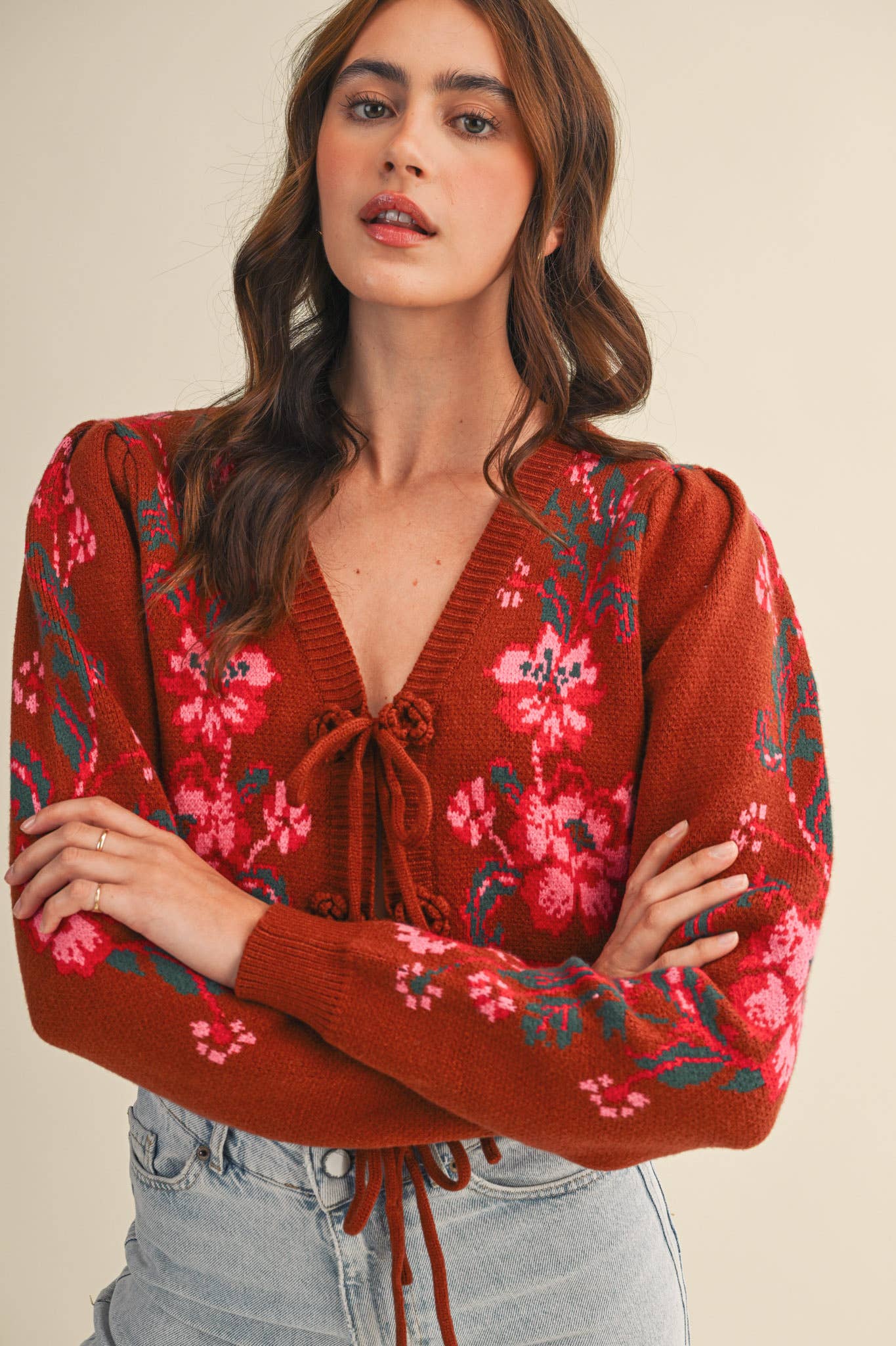 Brick Red Floral Knit Tie-Front Cropped Sweater