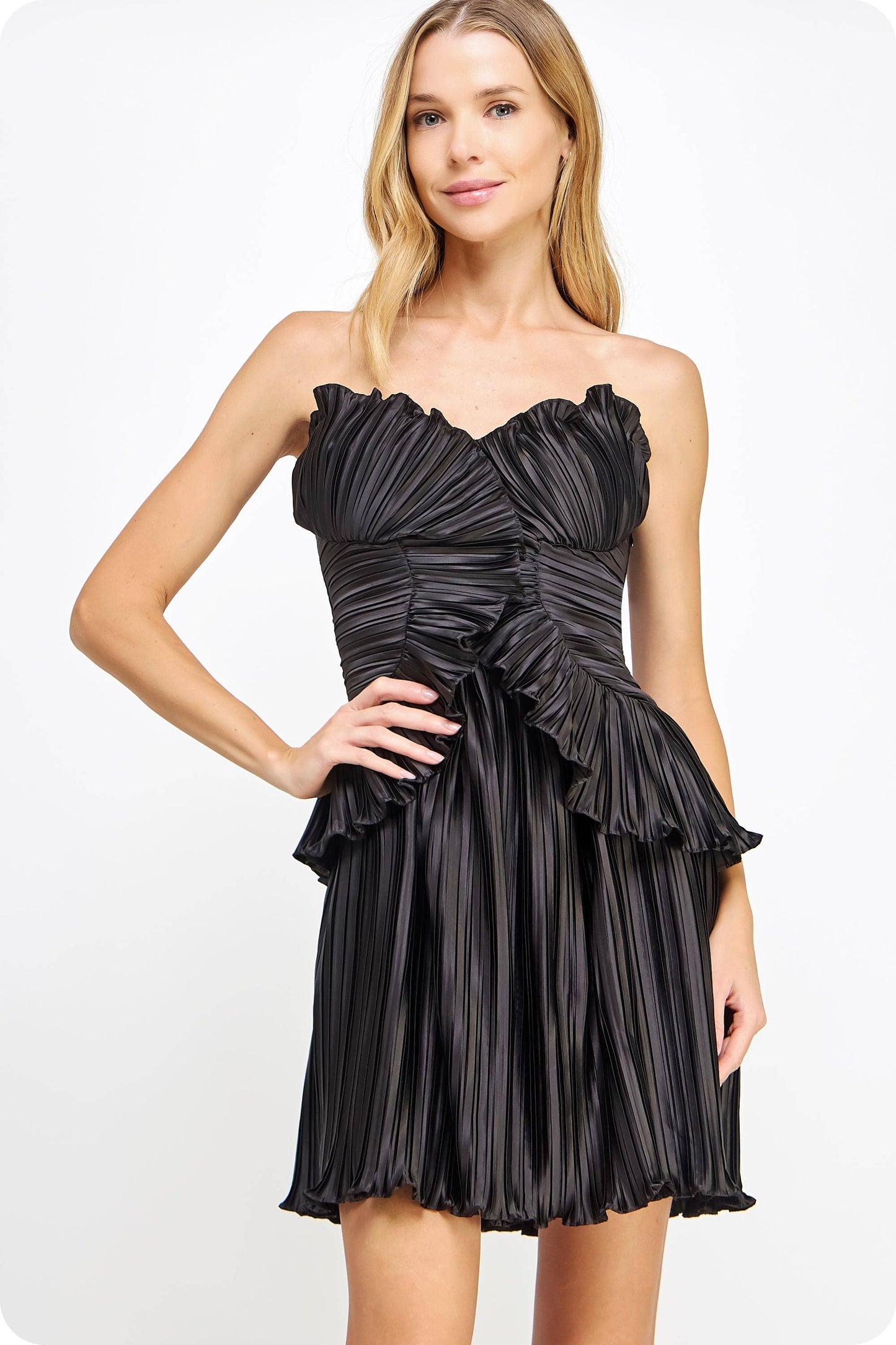 Pleated Satin Layered Ruffle Mini Dress: Cobalt Blue / M