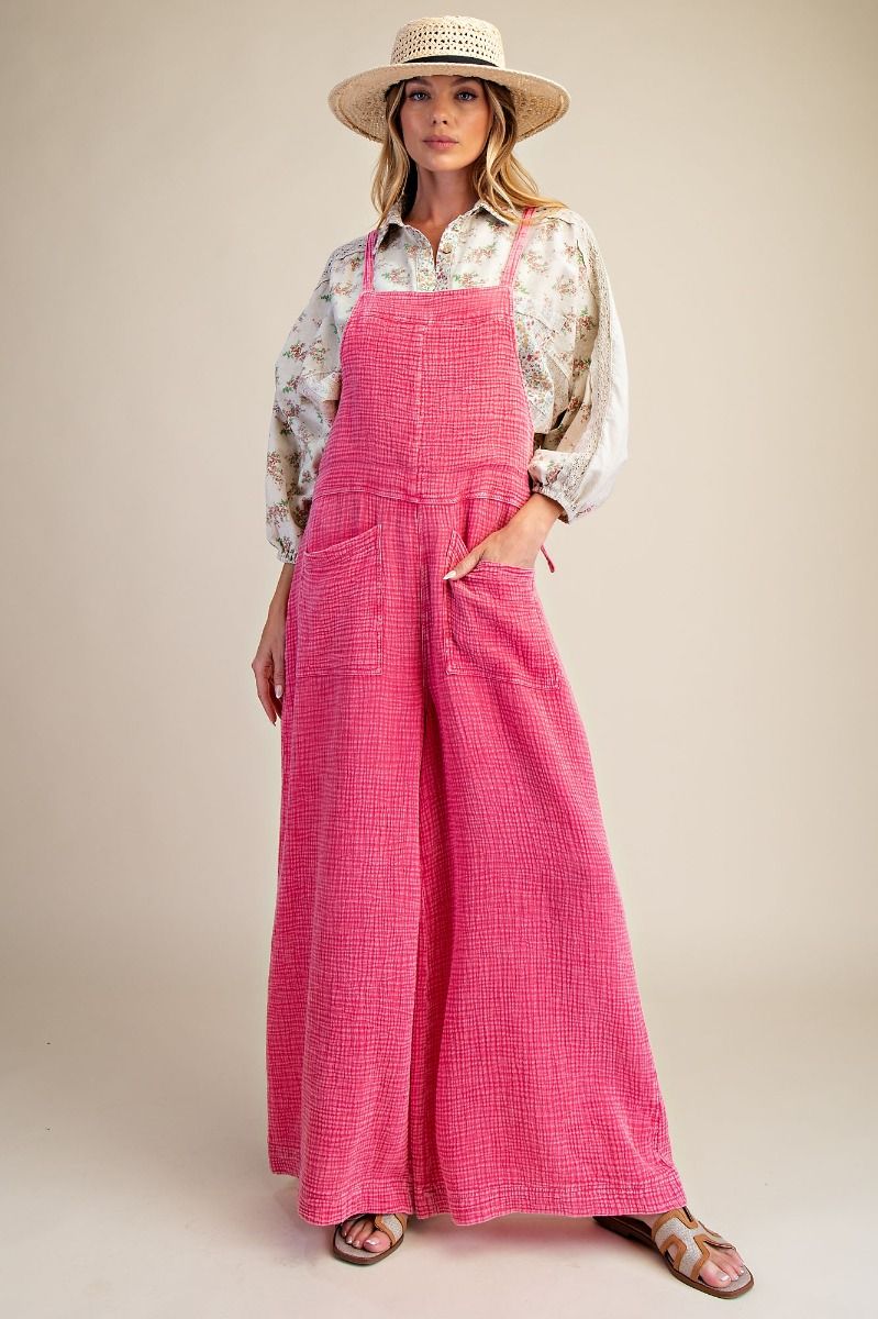 Bubble Gum Pink Washed Cotton Overalls